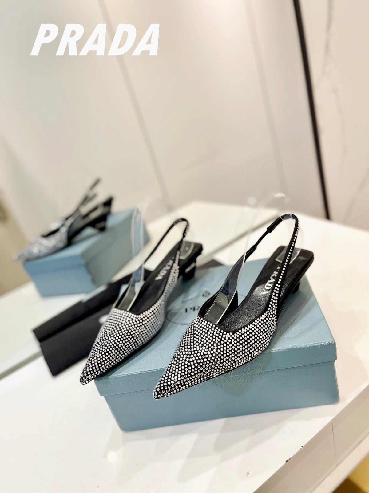 PRA SLINGBACK PUMPS BLACK SATIN WITH WHITE CRYSTALS