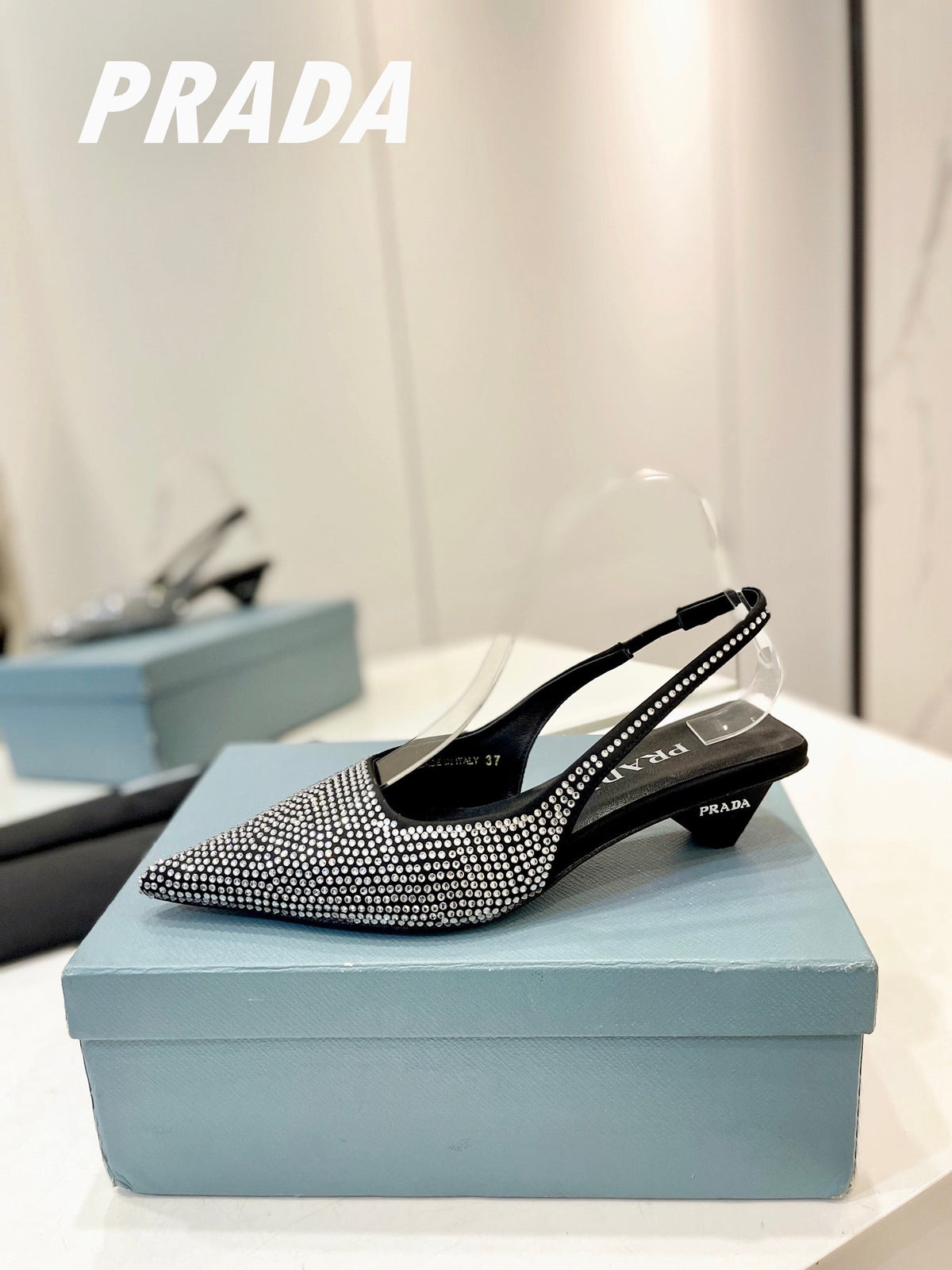 PRA SLINGBACK PUMPS BLACK SATIN WITH WHITE CRYSTALS