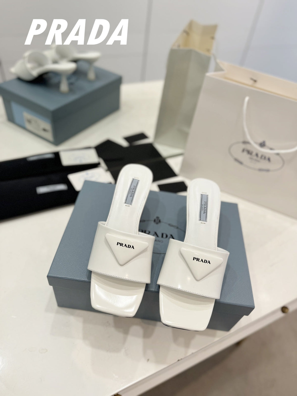 PRA BRUSHED LEATHER HEELED SLIDES WHITE