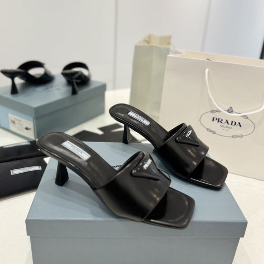 PRA BRUSHED LEATHER HEELED SLIDES BLACK