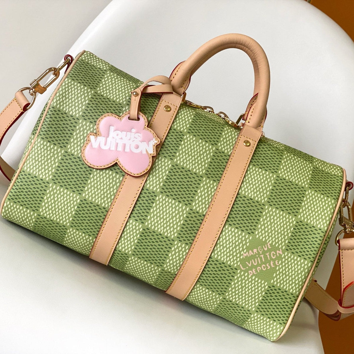 KEEPALL BANDOULIÈRE 34 BAG IN GREEN DAMIER GOLF COATED CANVAS