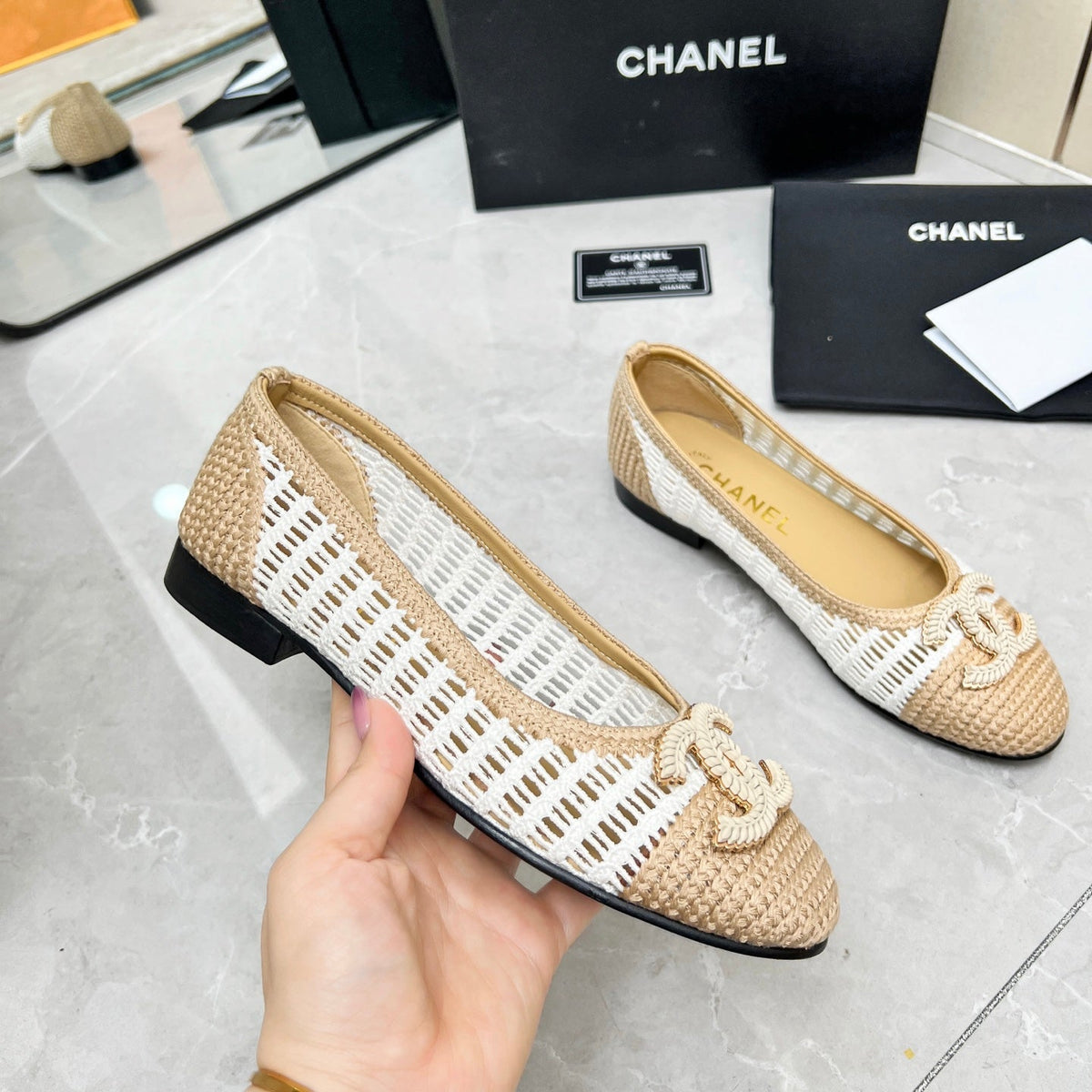 BALLET FLAT 10 MM IN WHITE MIX BEIGE RAFFIA