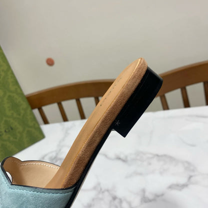 INTERLOCKING G SLIDE SANDAL IN MORNING BLUE SUEDE AND BROWN SHEEPSKIN LINING