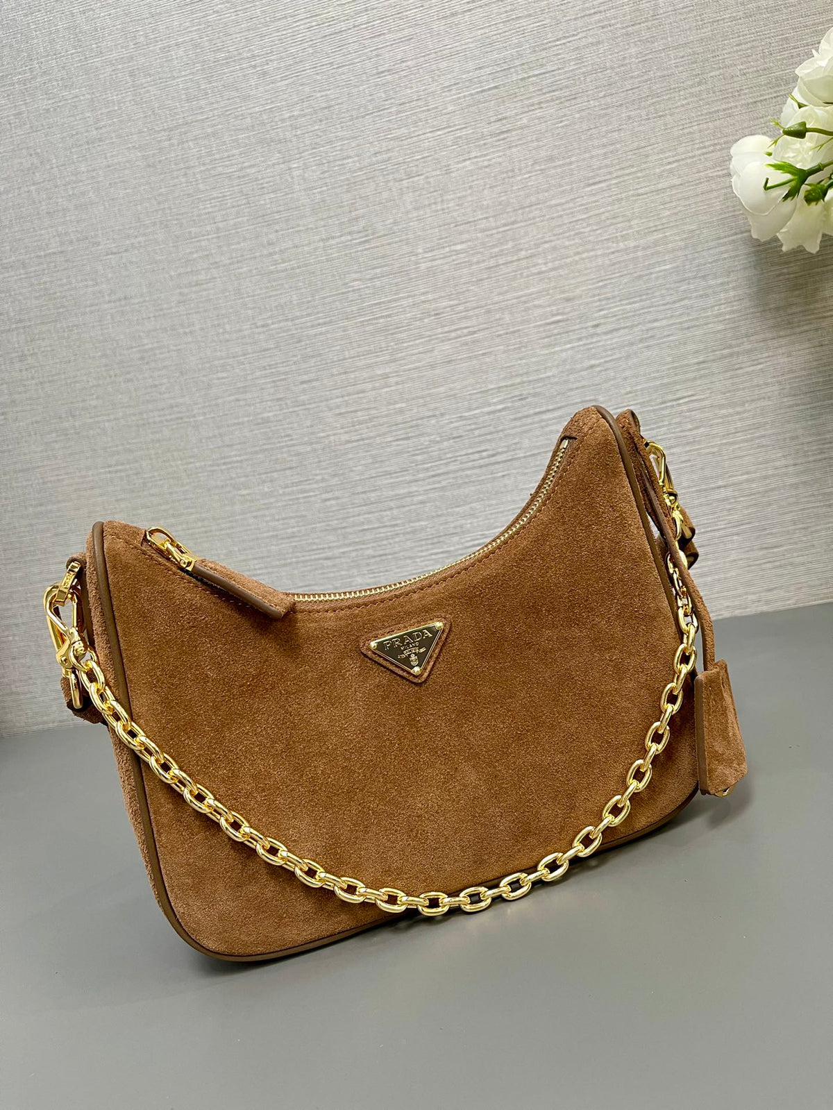 HOBO BAG 23 IN RUSSET BROWN SUEDE GOLD CHAIN