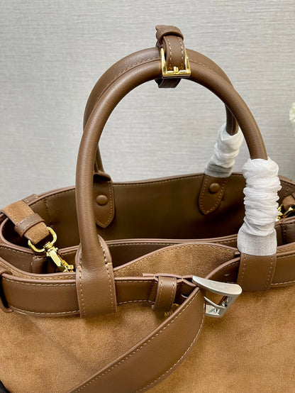 MEDIUM TOTE BAG WITH BELT 35 IN RUSSET BROWN SUEDE
