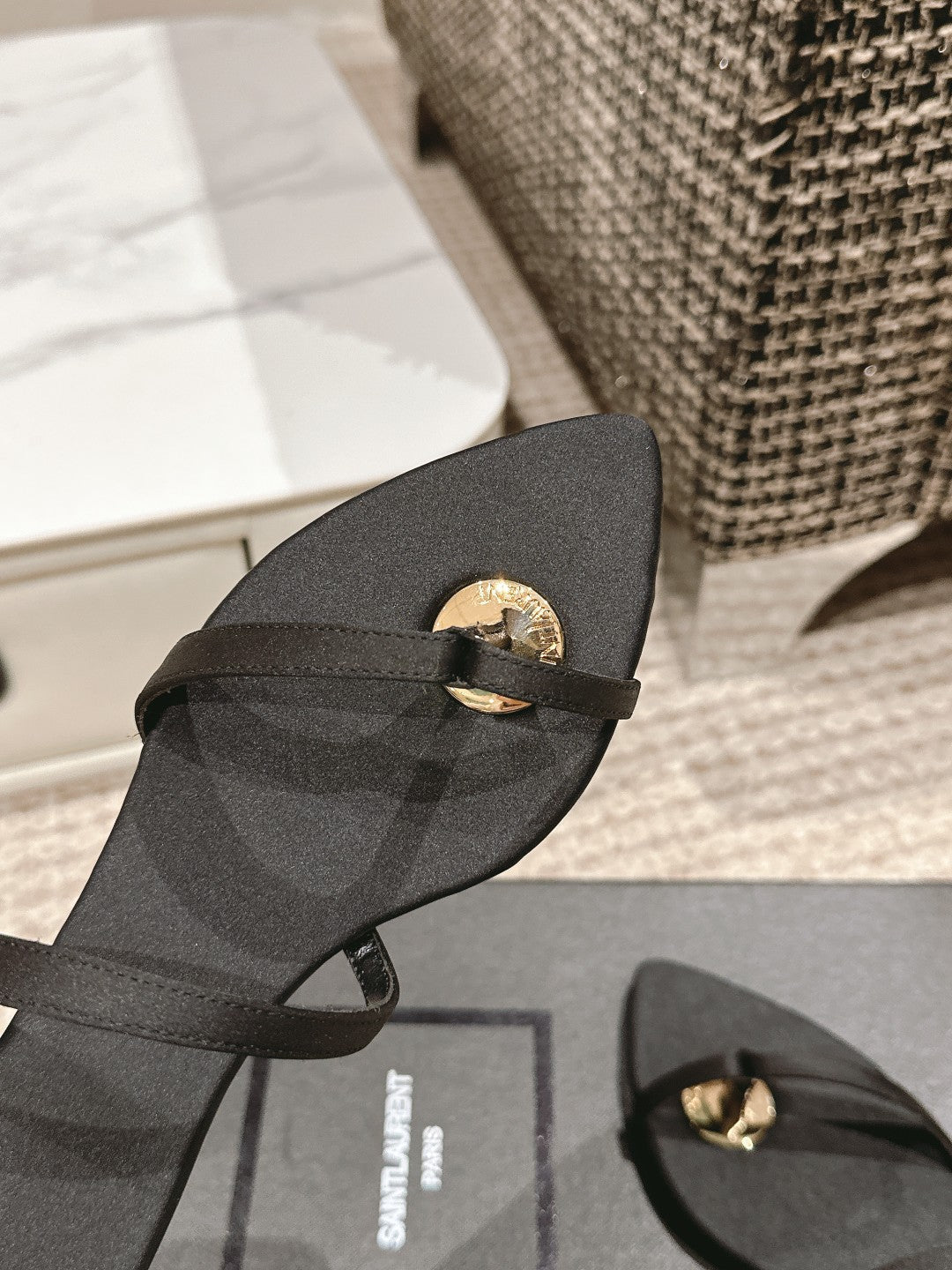 SL TANGER SLIDES BLACK SATIN