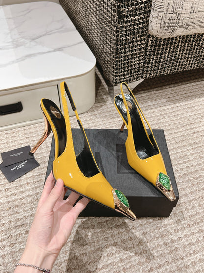 DUNE HIGH 10 CM SLINGBACK PUMPS IN CLASSIC YELLOW PATENT LEATHER WITH CRYSTAL