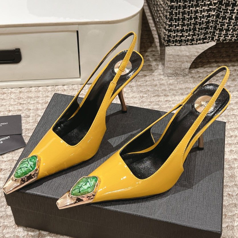DUNE HIGH 10 CM SLINGBACK PUMPS IN CLASSIC YELLOW PATENT LEATHER WITH CRYSTAL