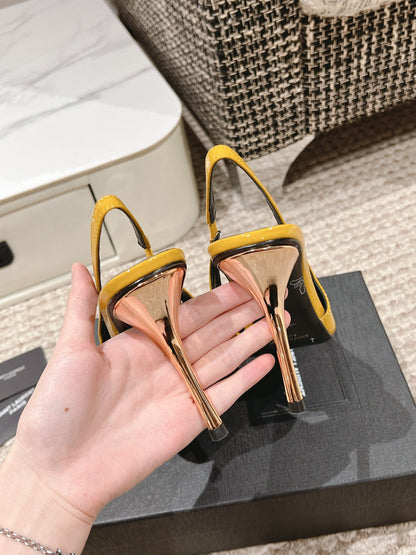 DUNE HIGH 10 CM SLINGBACK PUMPS IN CLASSIC YELLOW PATENT LEATHER WITH CRYSTAL