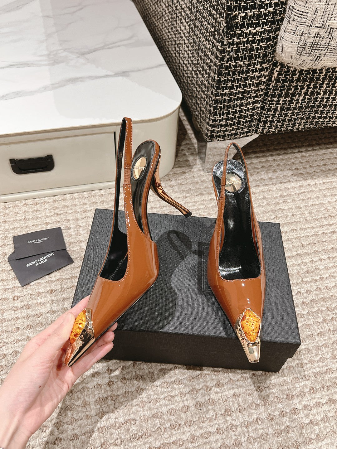 DUNE HIGH 10 CM SLINGBACK PUMPS IN BRONZE BROWN PATENT LEATHER WITH CRYSTAL