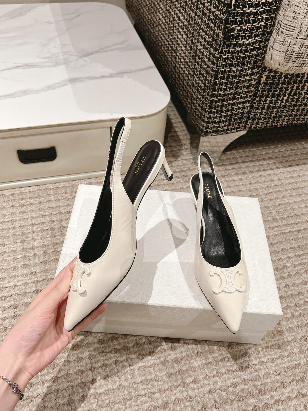 HIGH SLINGBACKS 5 CM IN WHITE PATENT CALFSKIN