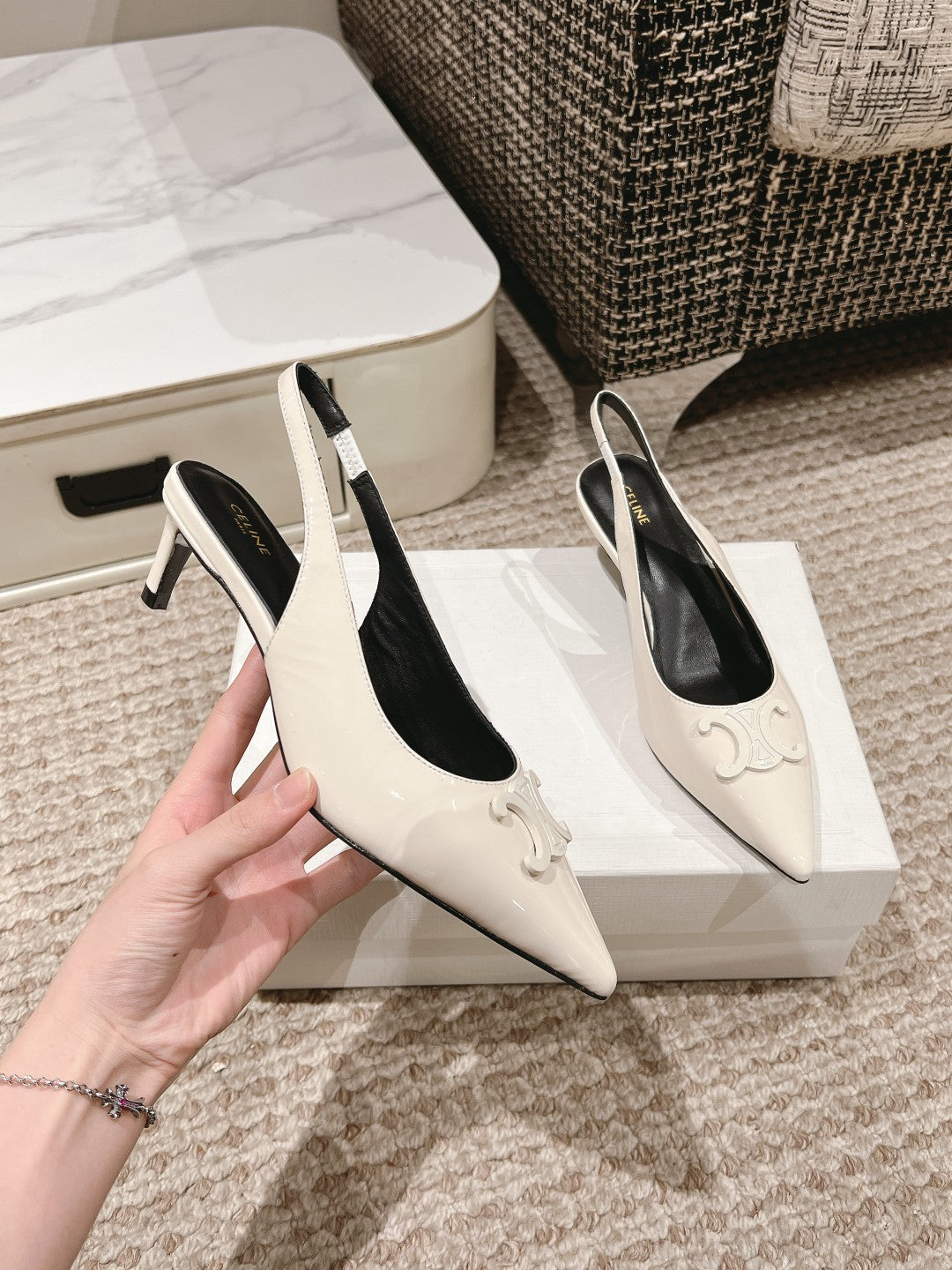 HIGH SLINGBACKS 5 CM IN WHITE PATENT CALFSKIN