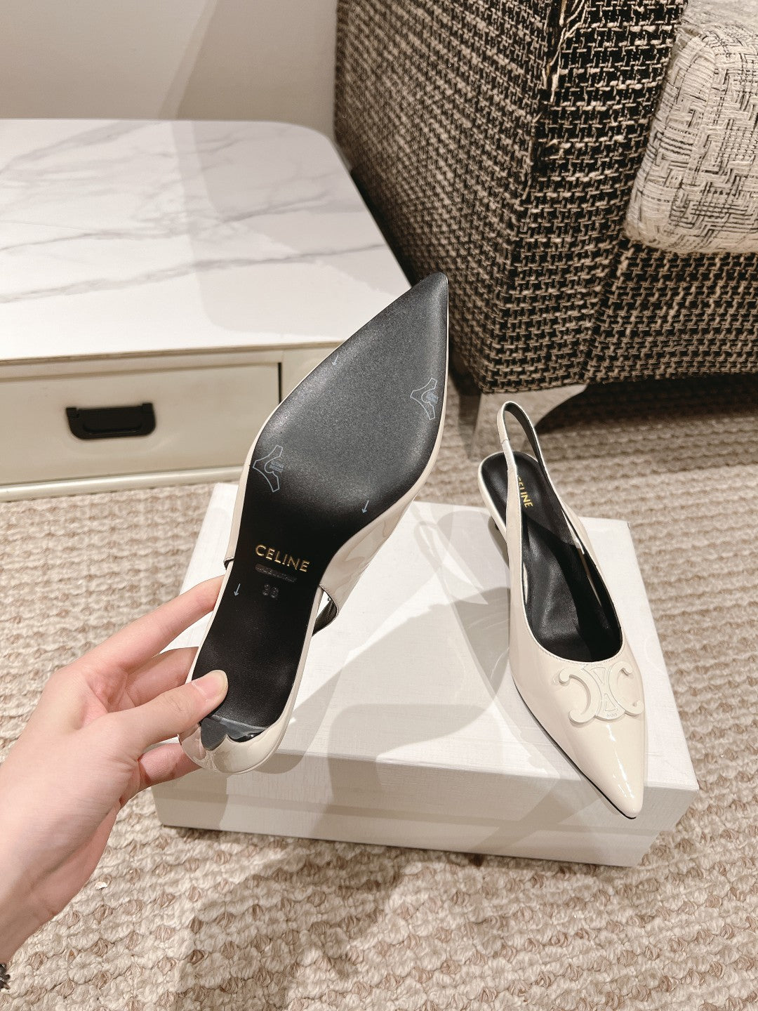 HIGH SLINGBACKS 5 CM IN WHITE PATENT CALFSKIN