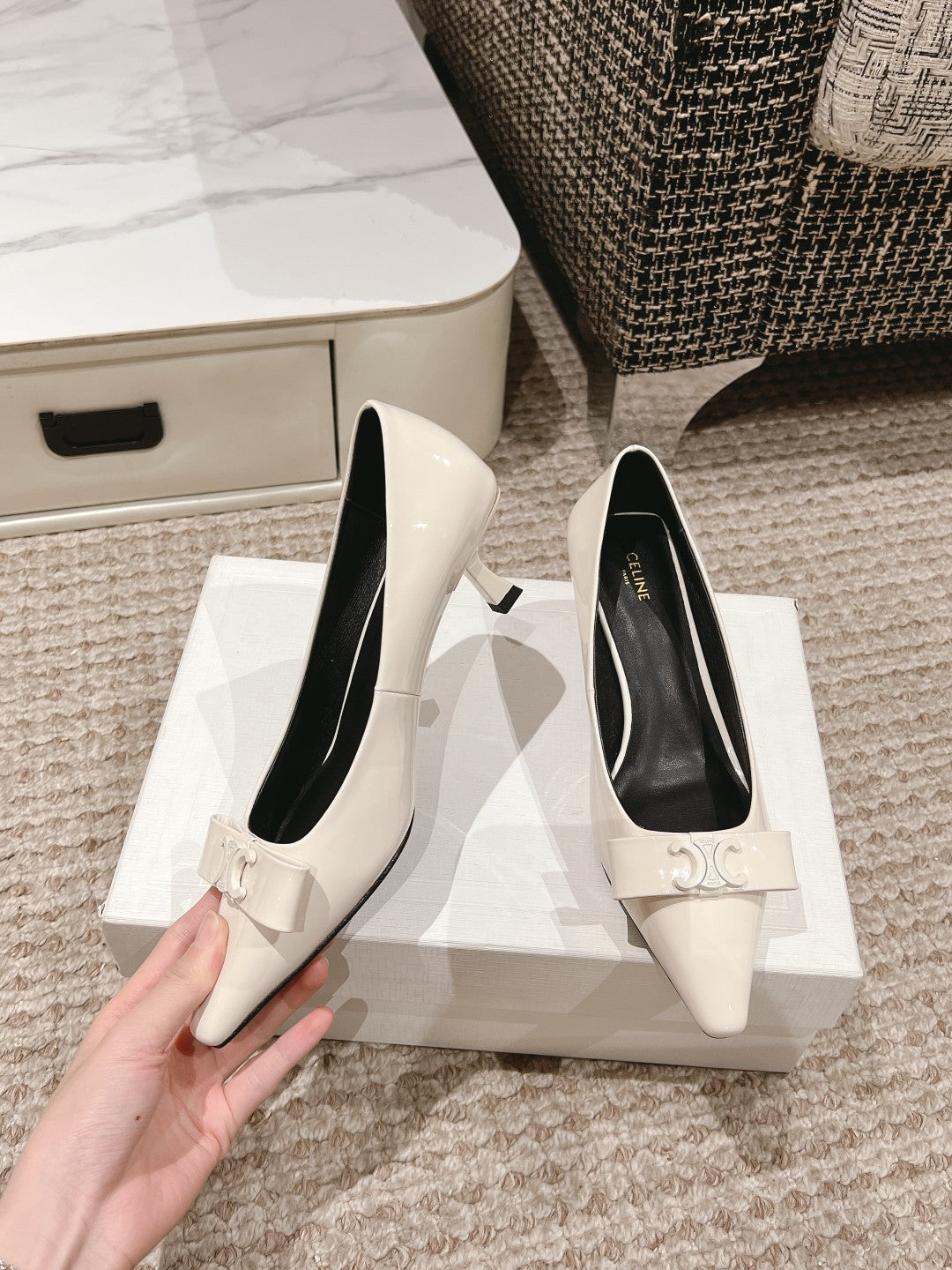 TRIOMPHE HIGH PUMP 5 CM IN WHITE PATENT CALFSKIN