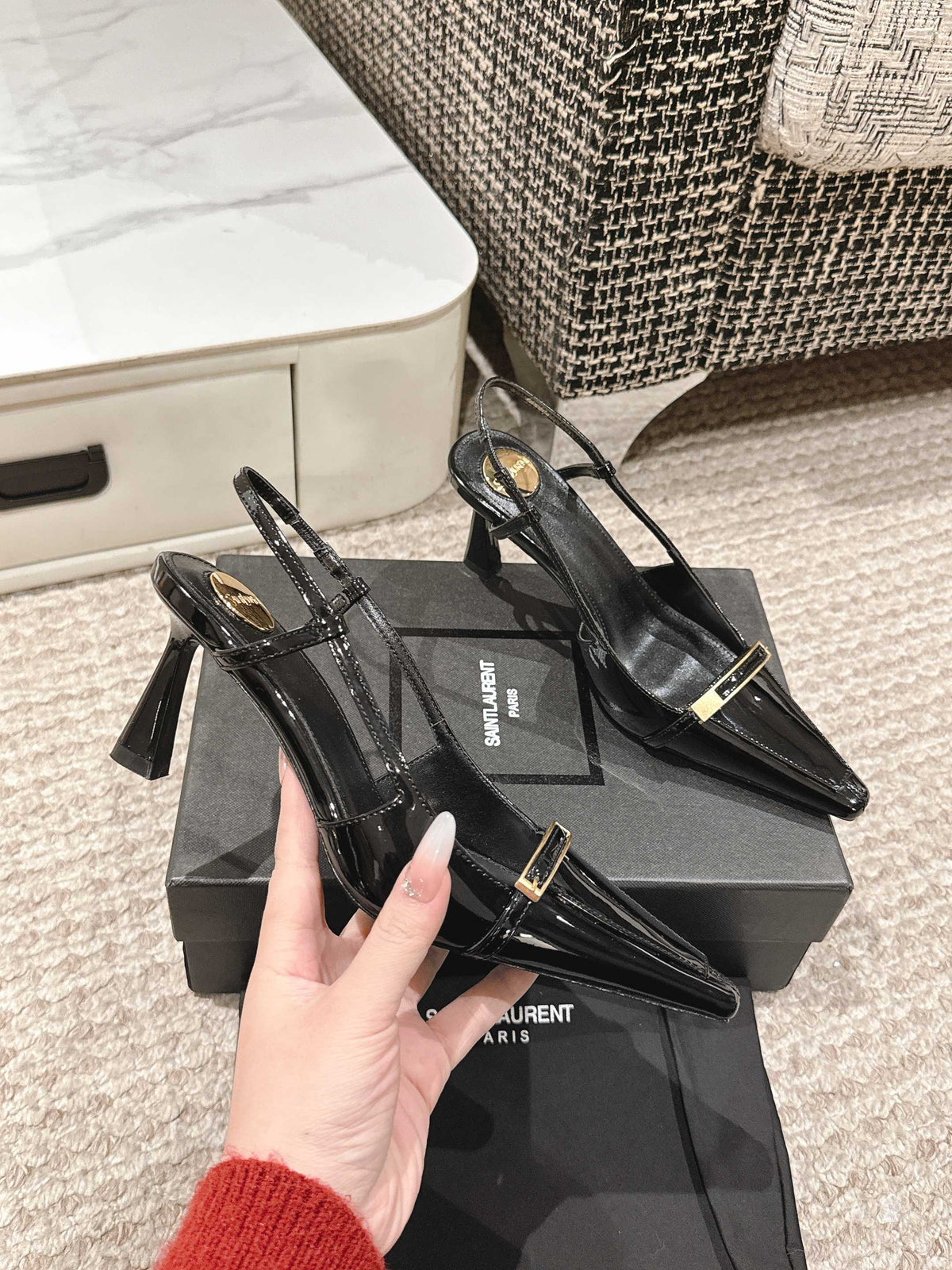 HIGH HEEL 7 CM SLINGBACK IN BLACK PATENT CALFSKIN