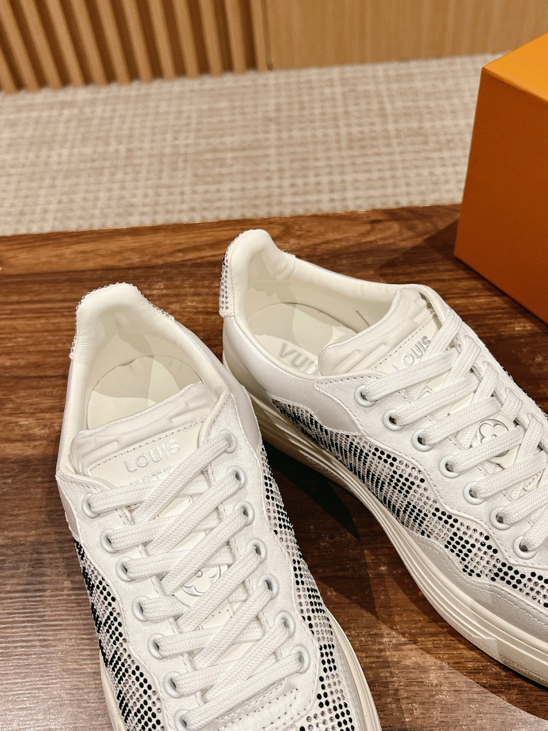 LV GROOVY SNEAKER IN WHITE DAMIER STRASS AND CALFSKIN