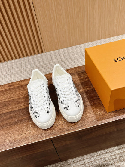 LV GROOVY SNEAKER IN WHITE DAMIER STRASS AND CALFSKIN