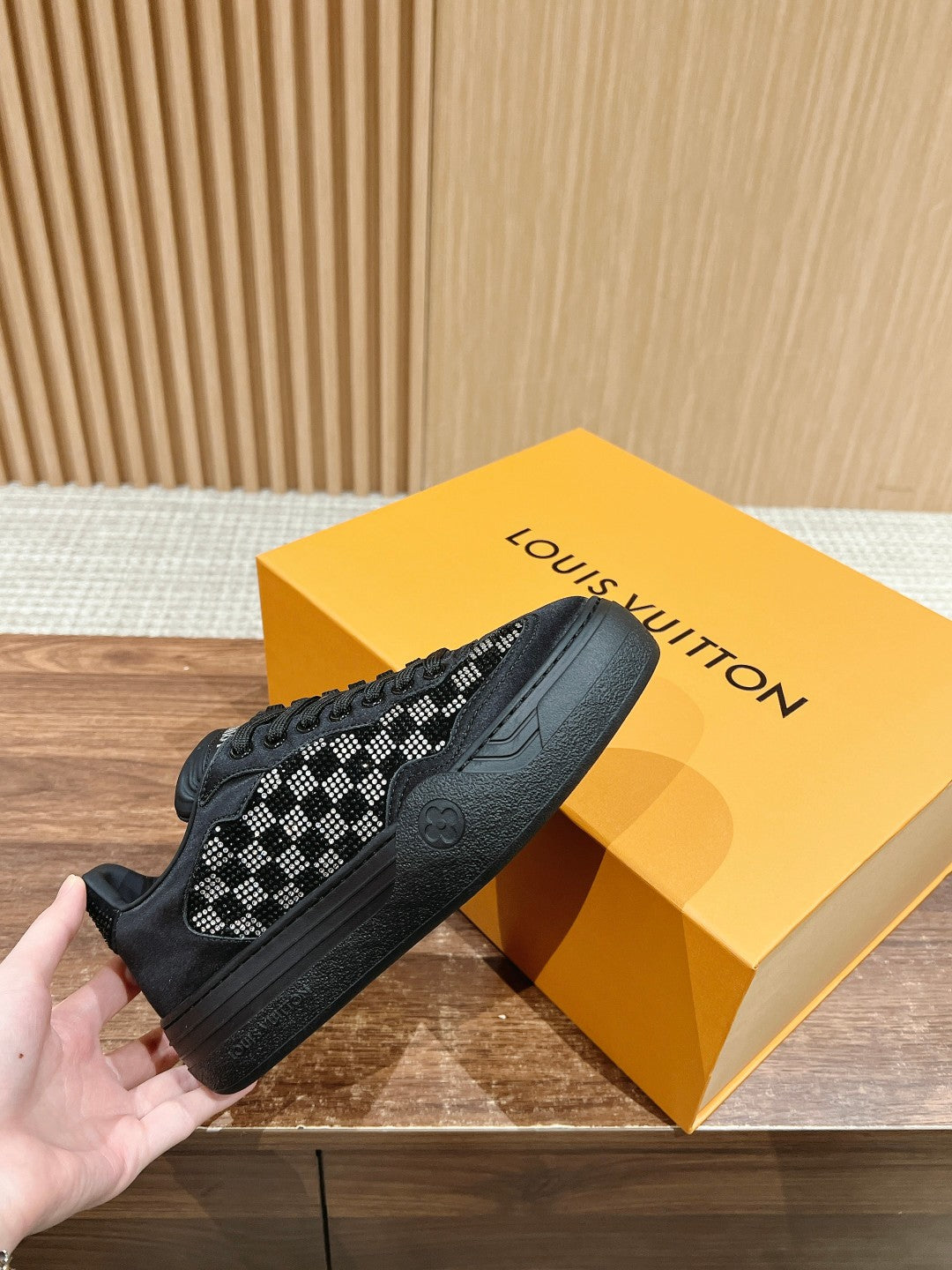 LV GROOVY SNEAKER IN BLACK DAMIER STRASS AND CALFSKIN