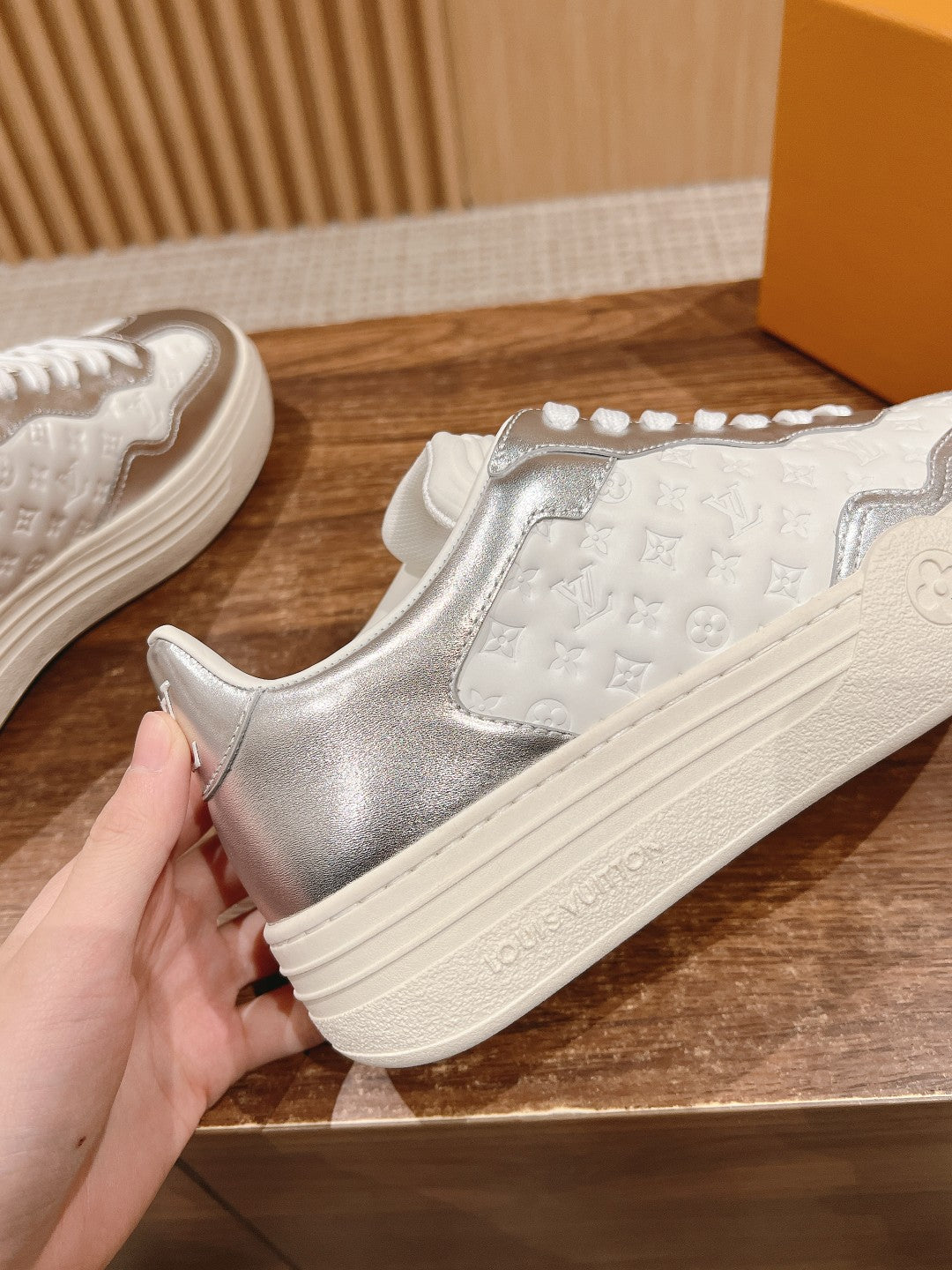 LV TRAINER SNEAKER IN SILVER MIX WHITE EMBOSSED CALFSKIN