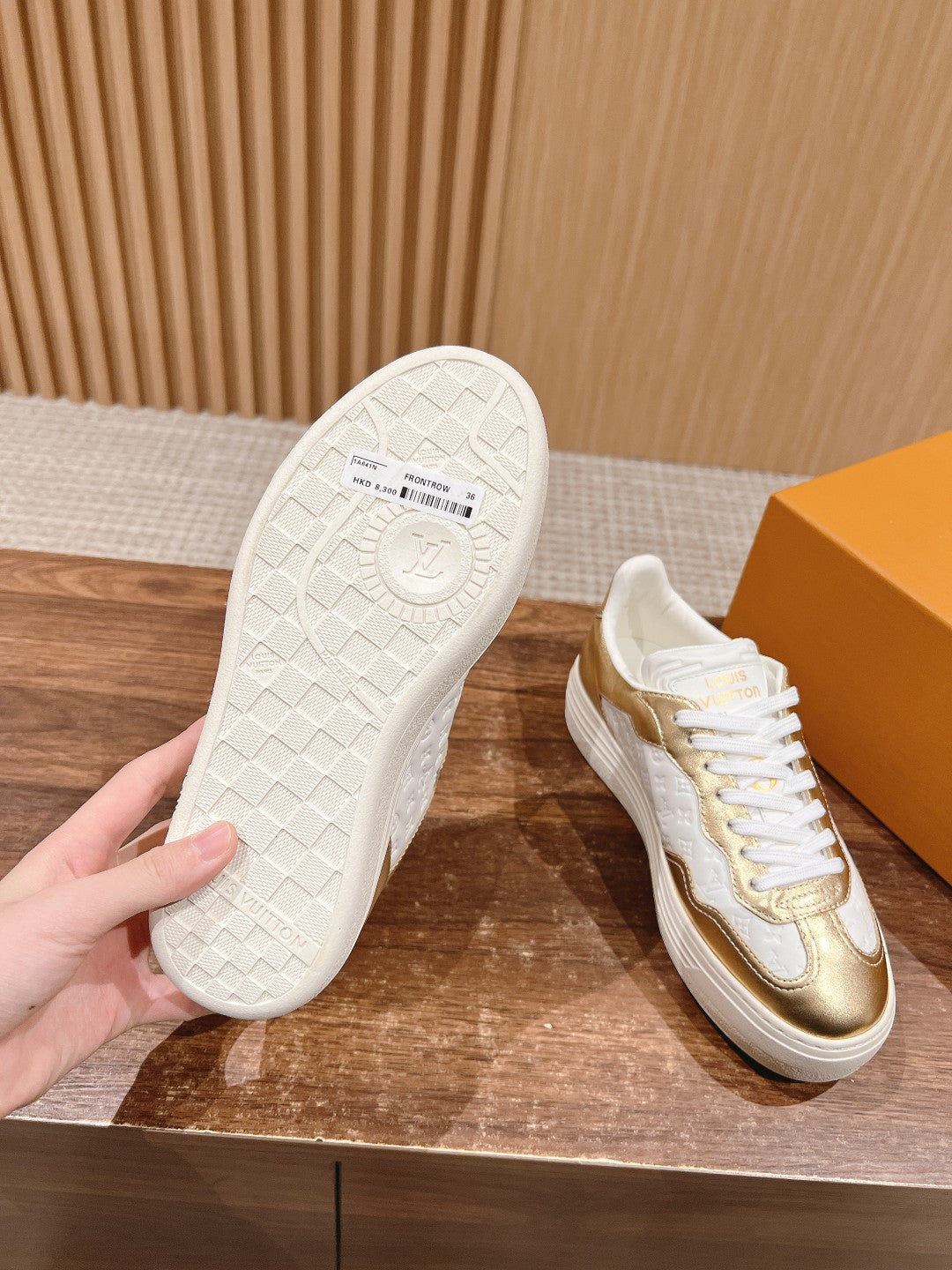 LV TRAINER SNEAKER IN GOLD MIX WHITE EMBOSSED CALFSKIN