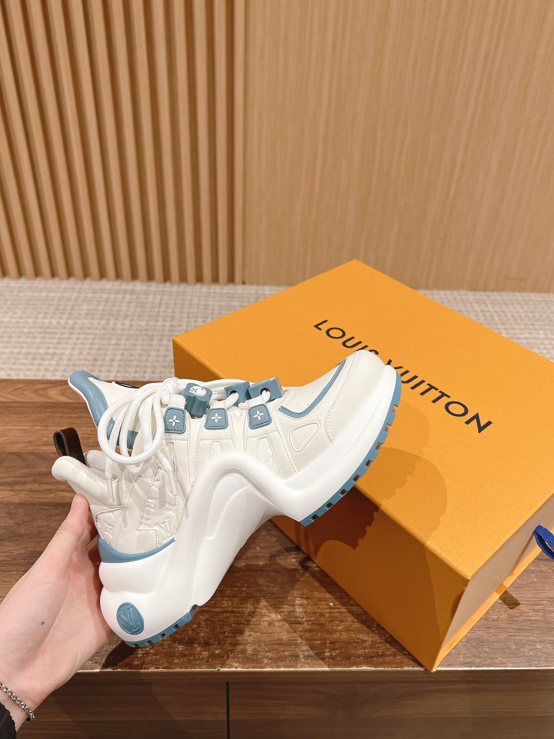 LV ARCHLIGHT SNEAKER IN WHITE MIX SKY BLUE EMBOSSED CALFSKIN