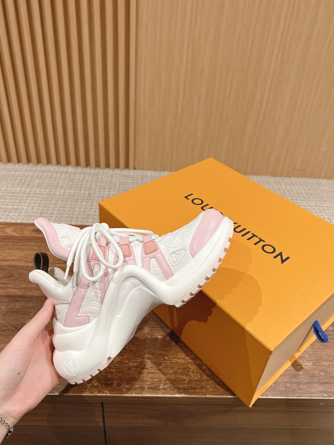 LV ARCHLIGHT SNEAKER IN WHITE MIX BABY PINK EMBOSSED CALFSKIN
