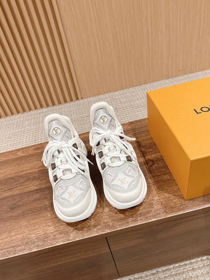 LV ARCHLIGHT SNEAKER IN WHITE MIX PALE GRAY CALFSKIN AND MONOGRAM DENIM