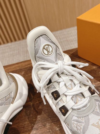 LV ARCHLIGHT SNEAKER IN WHITE MIX PALE GRAY CALFSKIN AND MONOGRAM DENIM