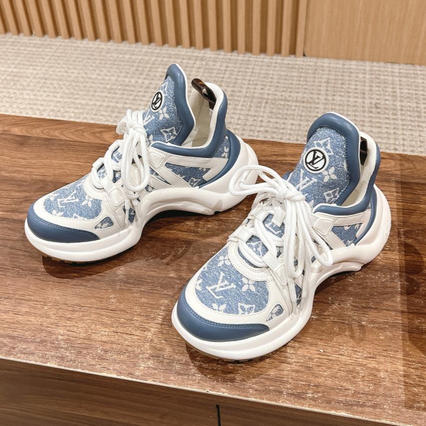 LV ARCHLIGHT SNEAKER IN WHITE MIX AEGEAN BLUE CALFSKIN AND MONOGRAM DENIM