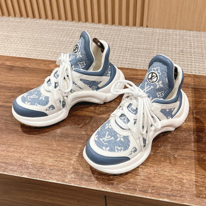 LV ARCHLIGHT SNEAKER IN WHITE MIX AEGEAN BLUE CALFSKIN AND MONOGRAM DENIM