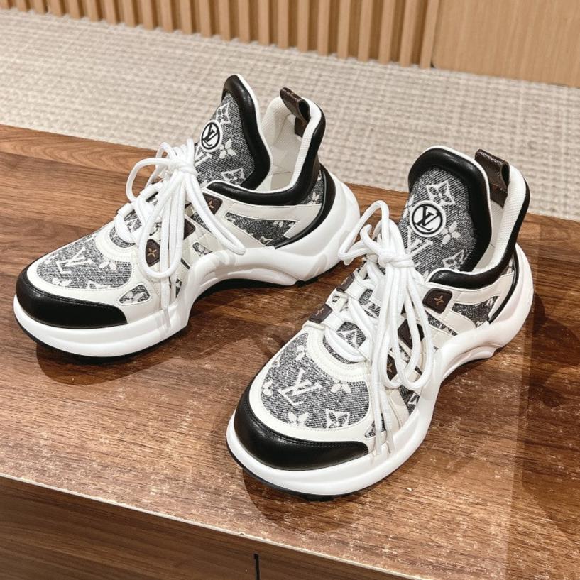 LV ARCHLIGHT SNEAKER IN WHITE MIX BLACK CALFSKIN AND MONOGRAM DENIM