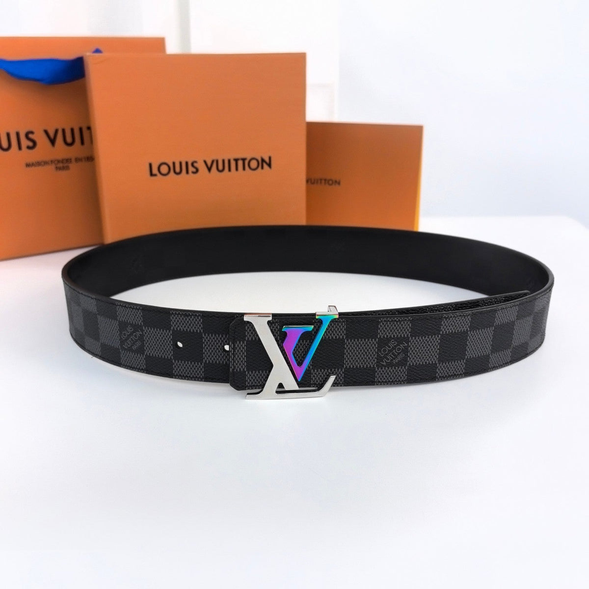 LV LARGE 40MM PYRAMIDE BELT BLACK DAMIER MONOGRAM CALFSKIN METAL HARDWARE