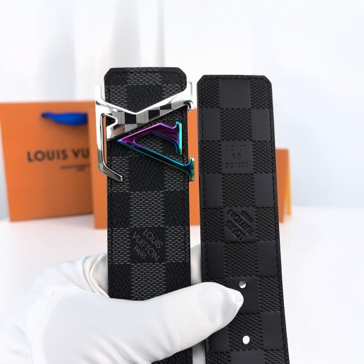 LV LARGE 40MM PYRAMIDE BELT BLACK DAMIER MONOGRAM CALFSKIN METAL HARDWARE