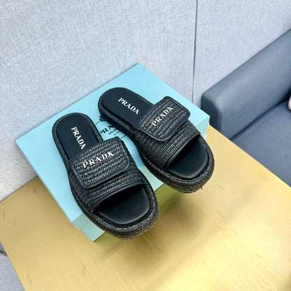 PRA CROCHET SLIDES SLIPPERS BLACK RAFFIA