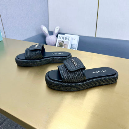 PRA CROCHET SLIDES SLIPPERS BLACK RAFFIA