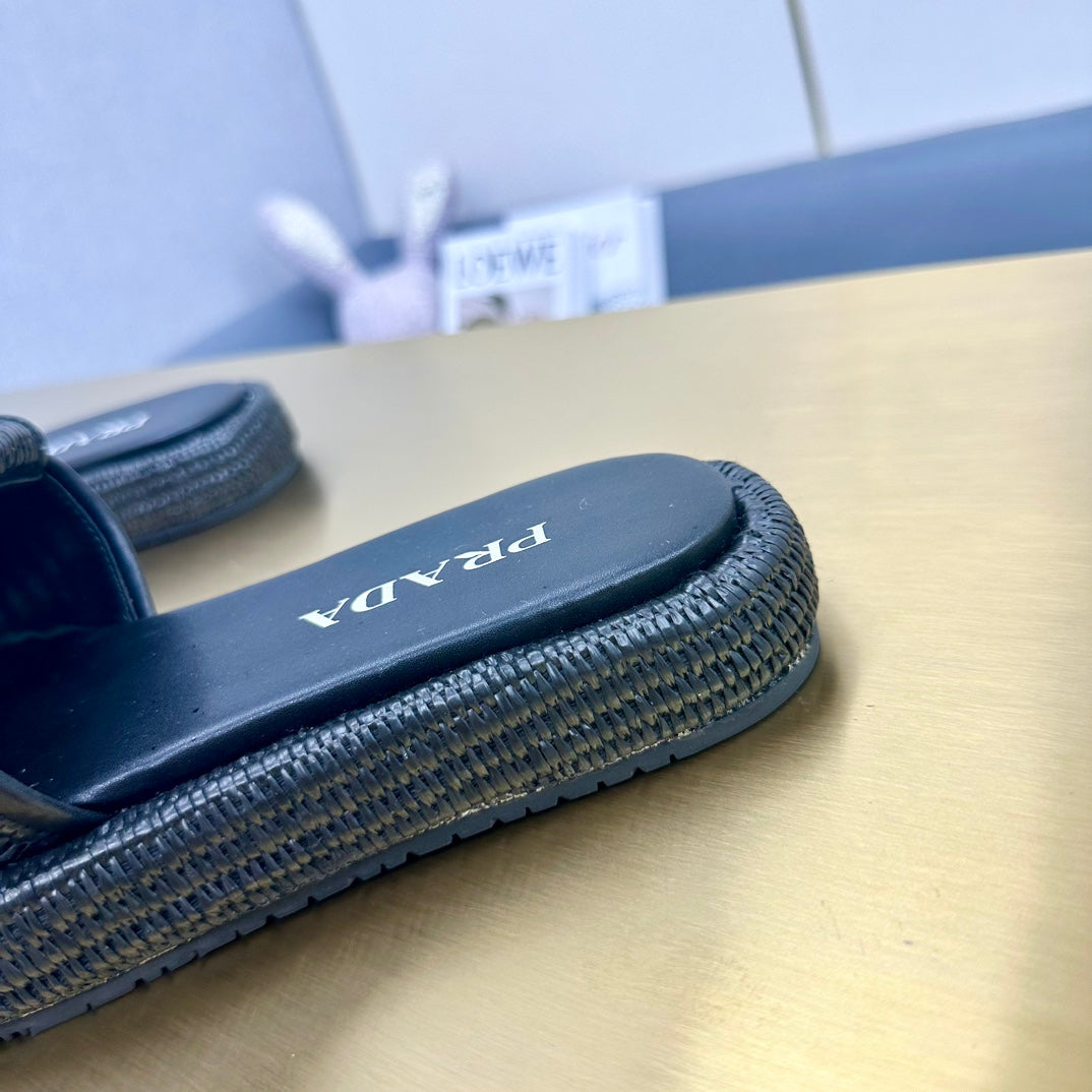 PRA CROCHET SLIDES SLIPPERS BLACK RAFFIA