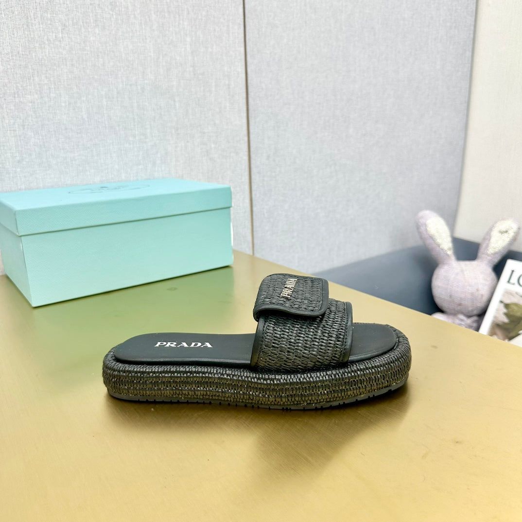 PRA CROCHET SLIDES SLIPPERS BLACK RAFFIA