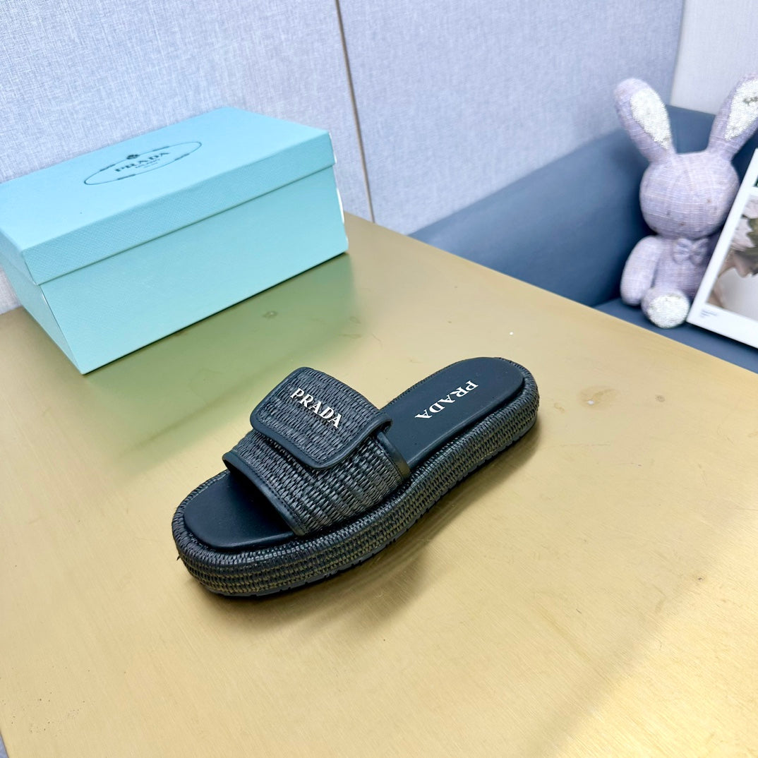 PRA CROCHET SLIDES SLIPPERS BLACK RAFFIA