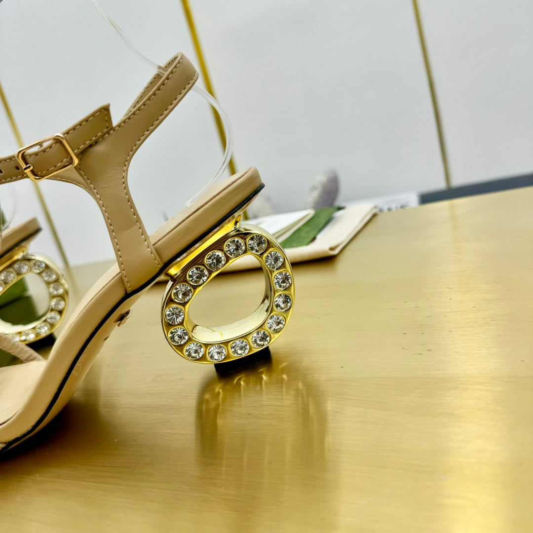 MEDIUM-HEEL SANDAL IN TAN BEIGE CALFSKIN GOLD HARDWARE WITH RHINSTONES
