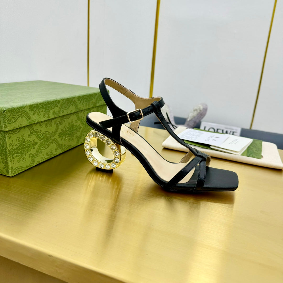 MEDIUM-HEEL SANDAL IN BLACK CALFSKIN GOLD HARDWARE WITH RHINSTONES