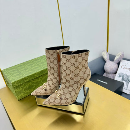 GG HORSEBIT ANKLE BOOT IN TAN BEIGE MONOGRAM CANVAS