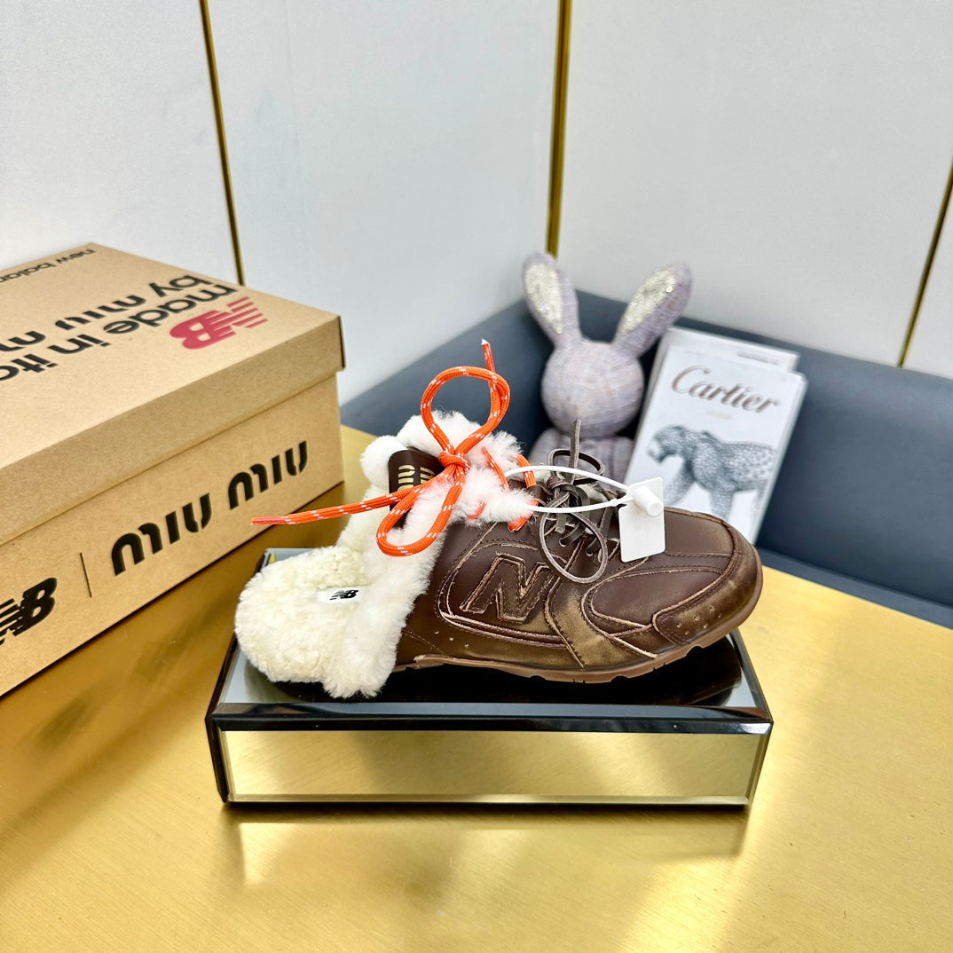 MIUxNB 530 SNEAKER MULES IN BROWN CALFSKIN SHEARLING