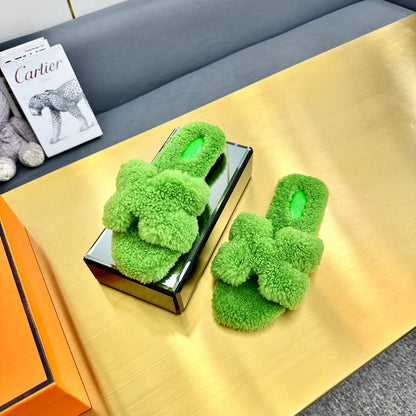 0RAN SHEARLING SANDALS CHARTREUSE GREEN
