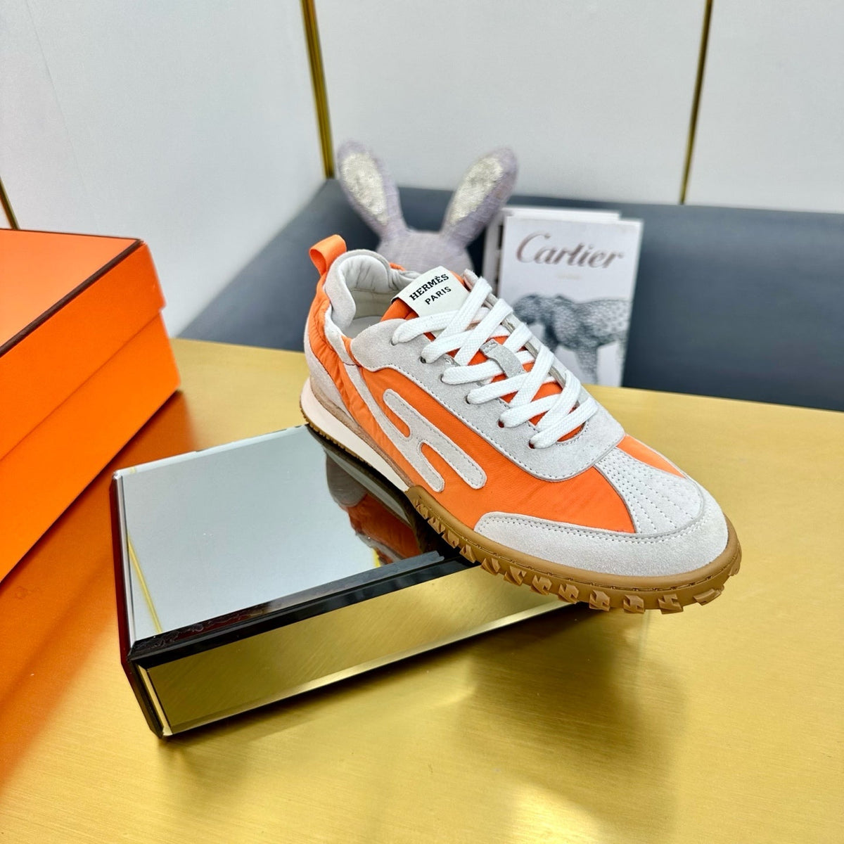 JET SNEAKER IN PALE GRAY SUEDE MIX ORANGE CALFSKIN