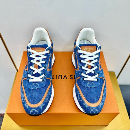NEO RUN AWAY SNEAKER IN CLASSIC BLUE MONOGRAM DENIM AND ORANGE CALFSKIN