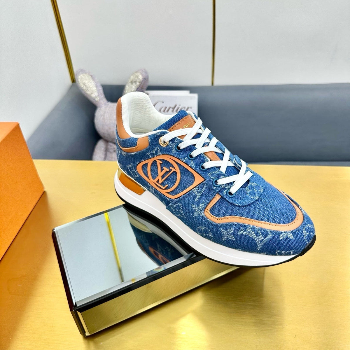 NEO RUN AWAY SNEAKER IN CLASSIC BLUE MONOGRAM DENIM AND ORANGE CALFSKIN