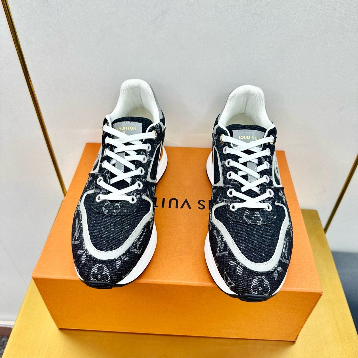 NEO RUN AWAY SNEAKER IN BLACK MONOGRAM DENIM FABRIC