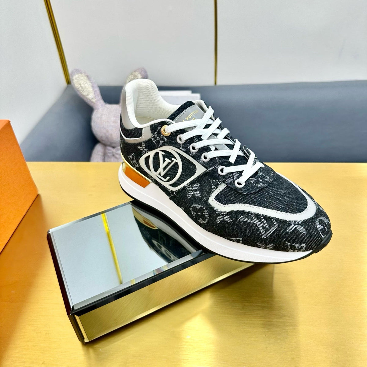 NEO RUN AWAY SNEAKER IN BLACK MONOGRAM DENIM FABRIC