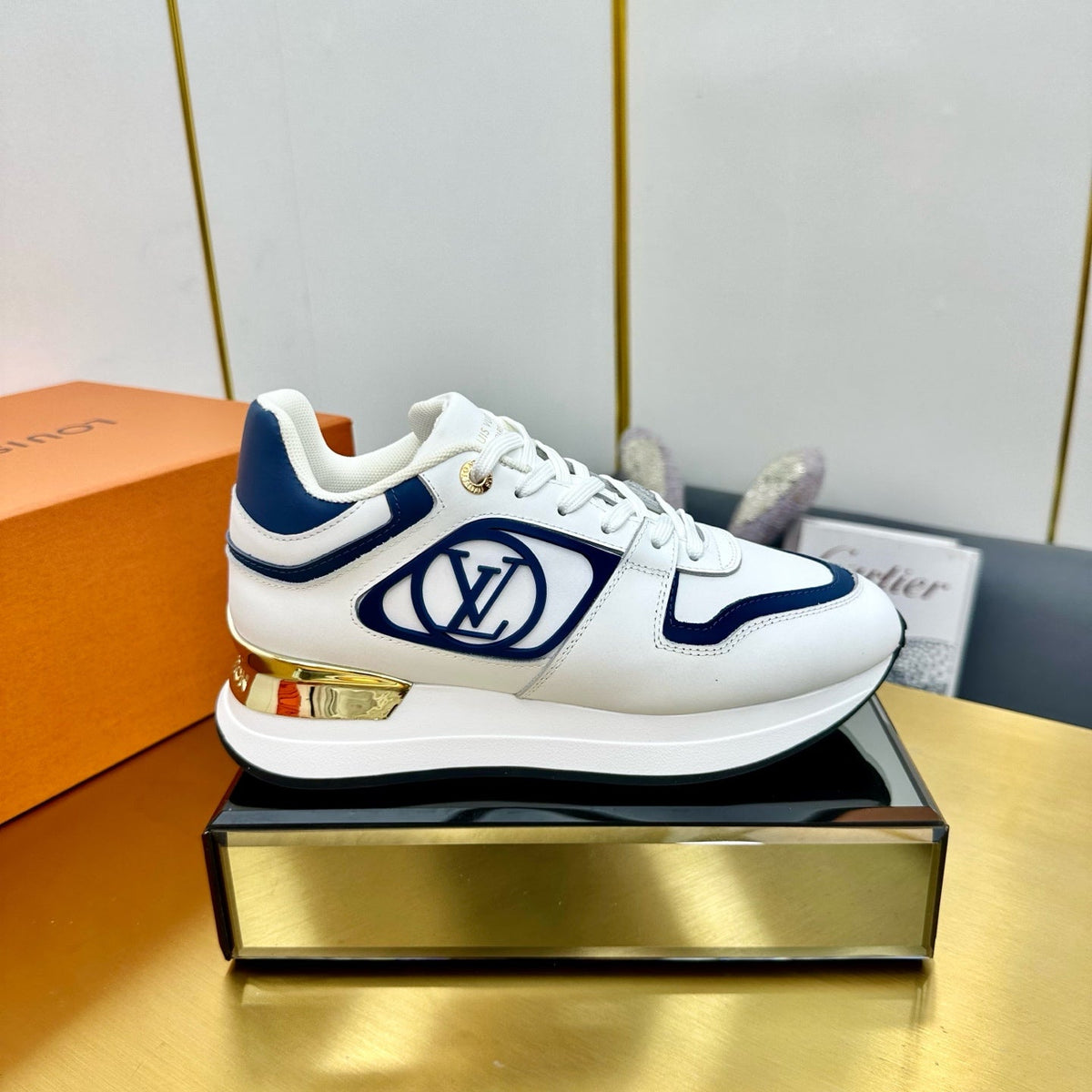 NEO RUN AWAY SNEAKER IN WHITE MIX COBALT BLUE CALFSKIN