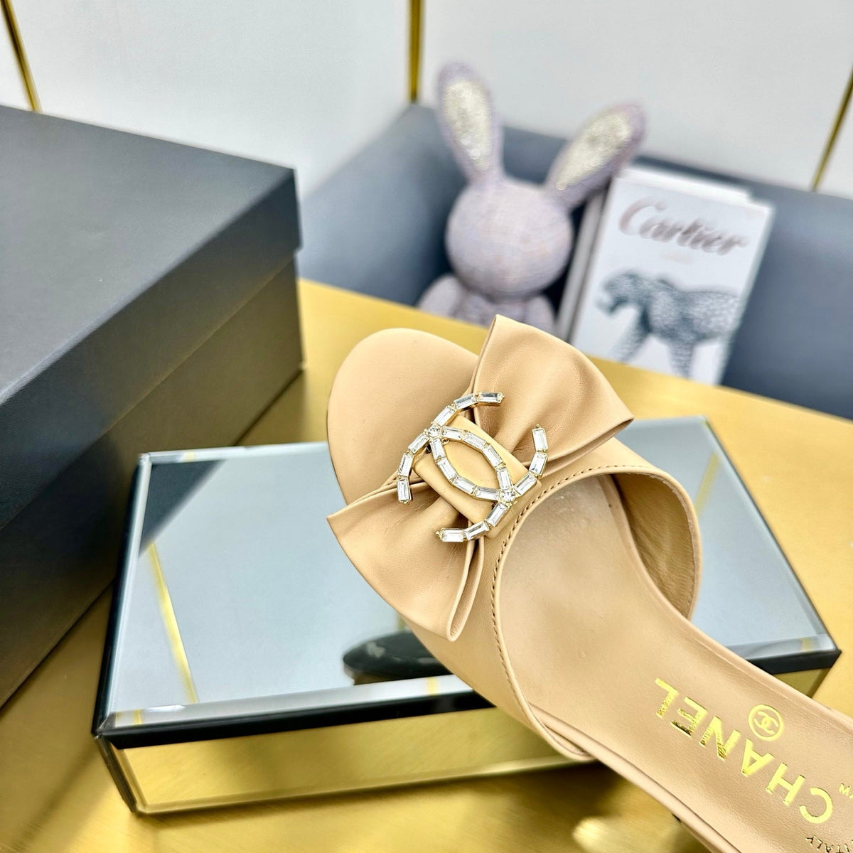 BOWKNOT RHINESTONES MID HEEL MULE IN FLAX YELLOW CALFSKIN